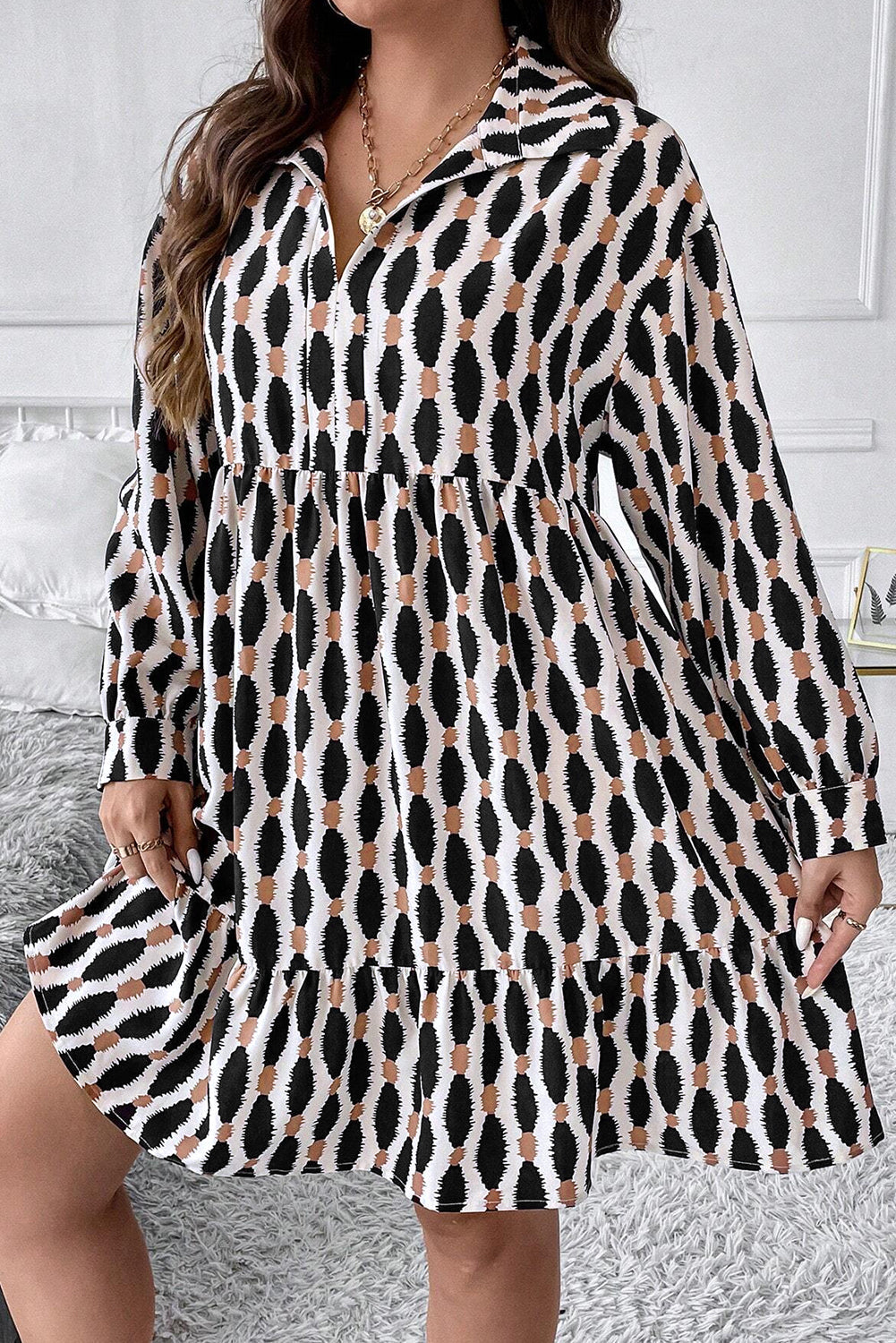 Apricot Abstract Print Collared V Neck Plus Size Mini Dress - Plus Size Dresses