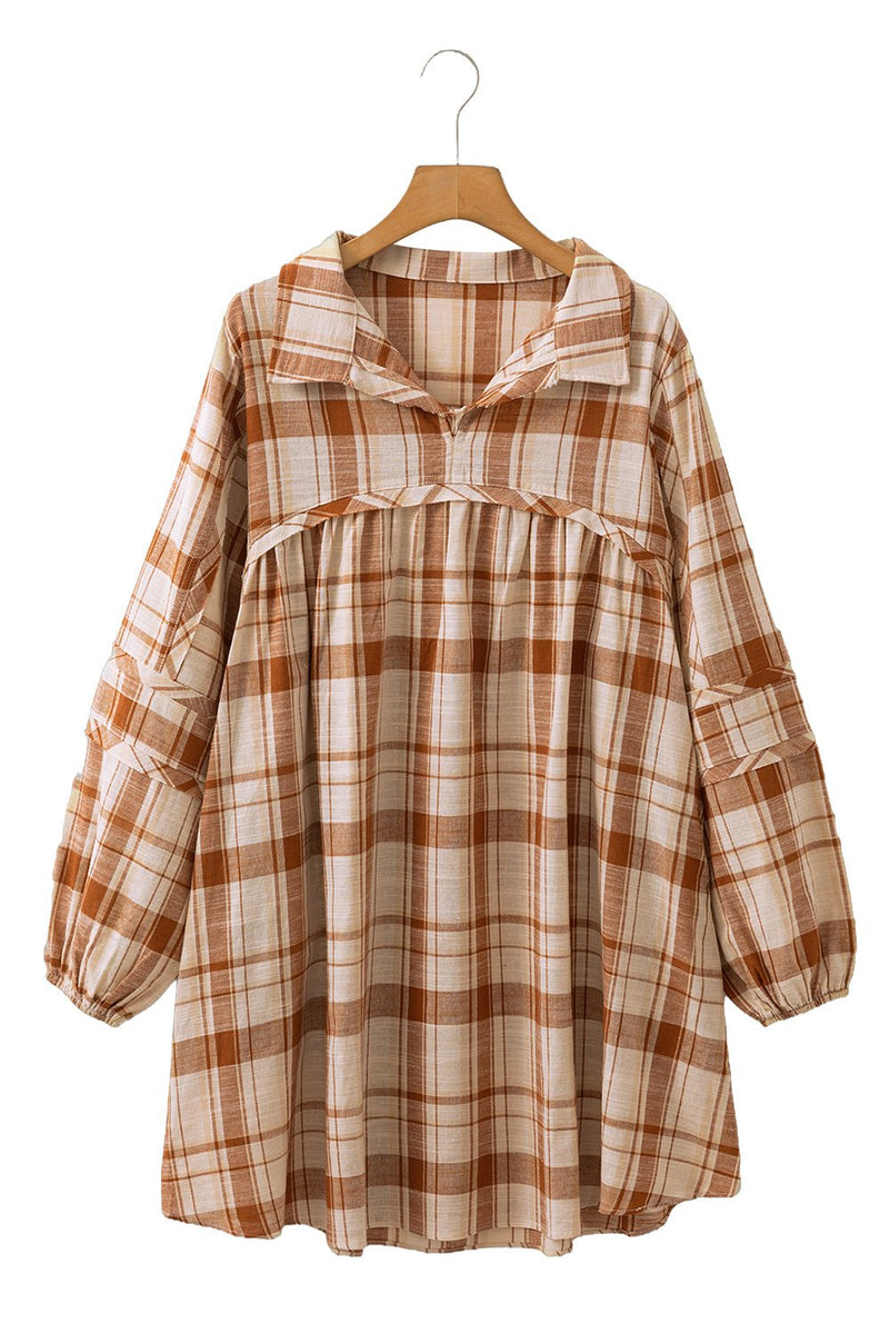 Brown Plaid Print Side Pockets Frill Babydoll Mini Dress - MAD RUFFI Brown Plaid Print Side Pockets Frill Babydoll Mini Dress - MAD RUFFI