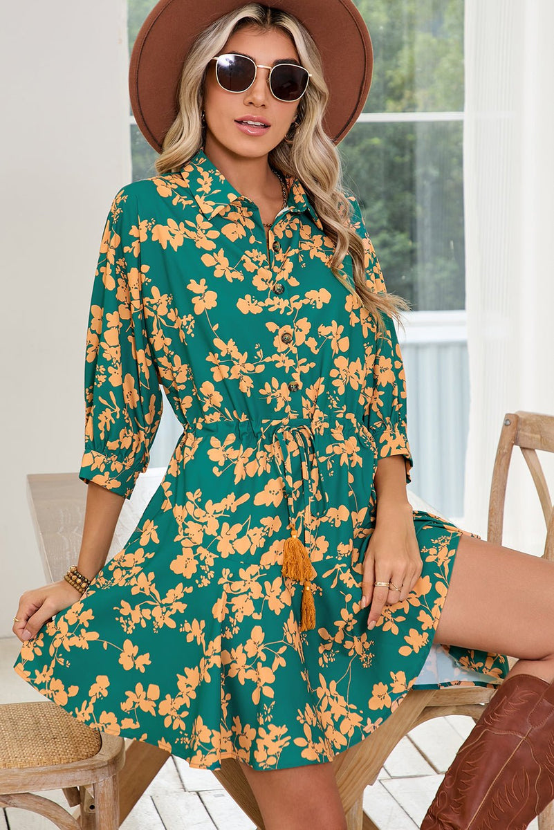 Green Floral Print Drawstring Flowy Short Dress - MAD RUFFI Green Floral Print Drawstring Flowy Short Dress - MAD RUFFI