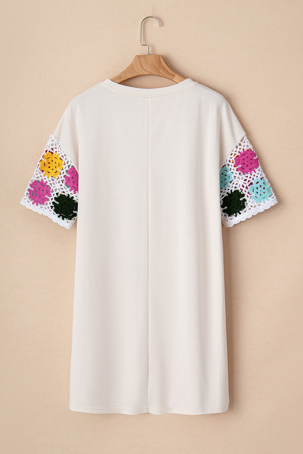 White Floral Crochet Splicing Sleeve T-shirt Dress - MAD RUFFI