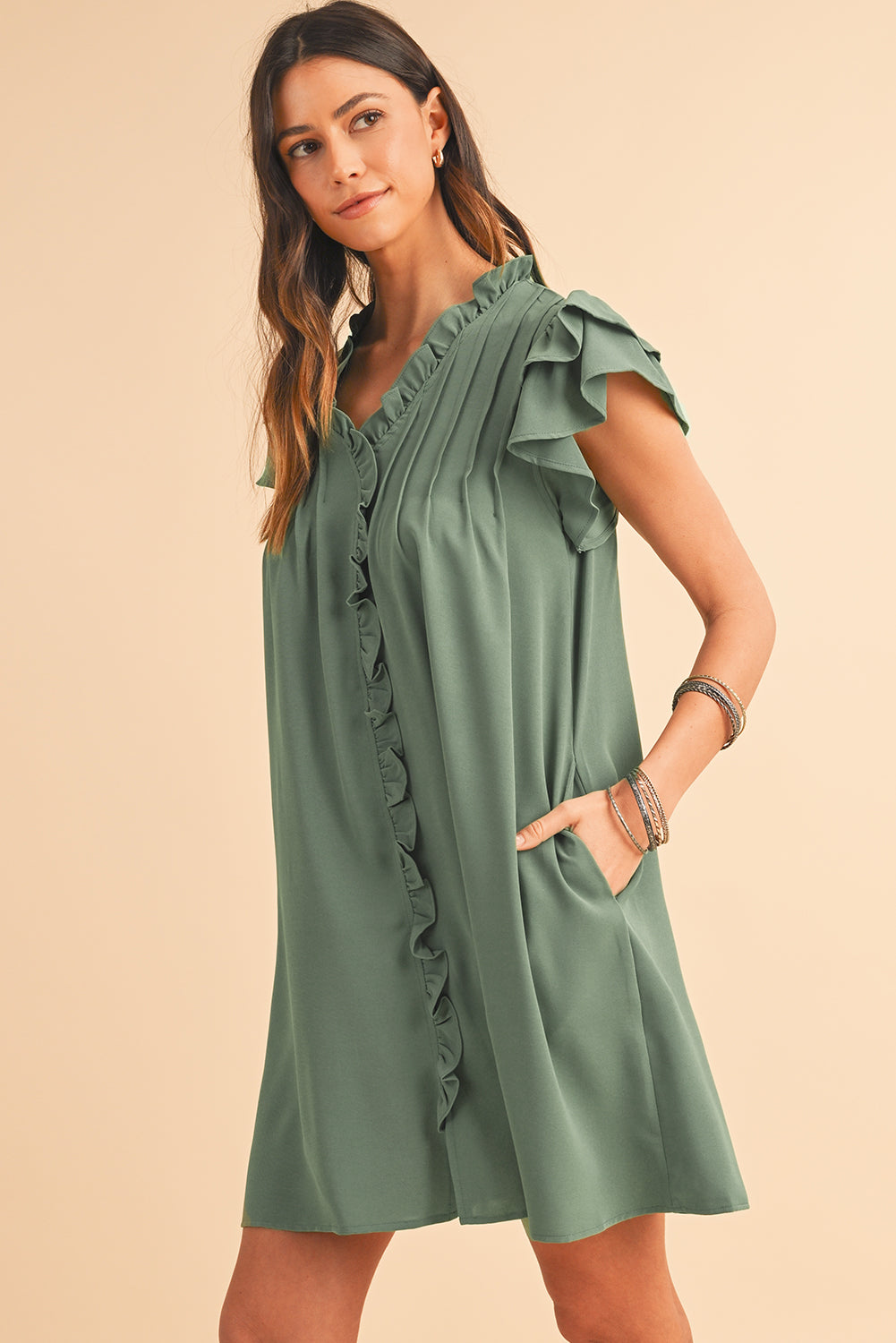 Soft Mist Green Ruffled Sleeve V-Neck Mini Dress with Pockets