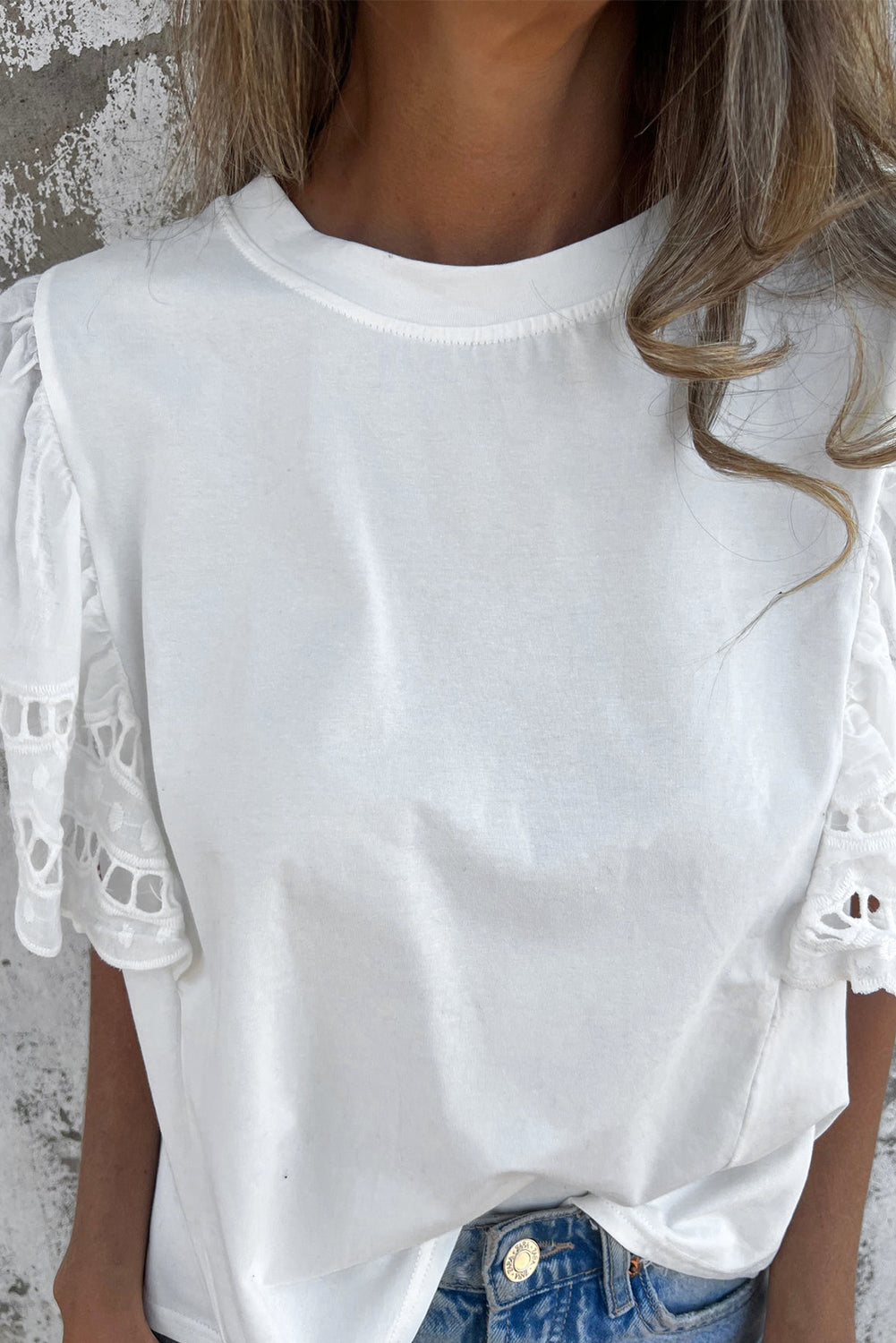 Embroidered White Flounce Sleeve Blouse with Hollow-Out Design