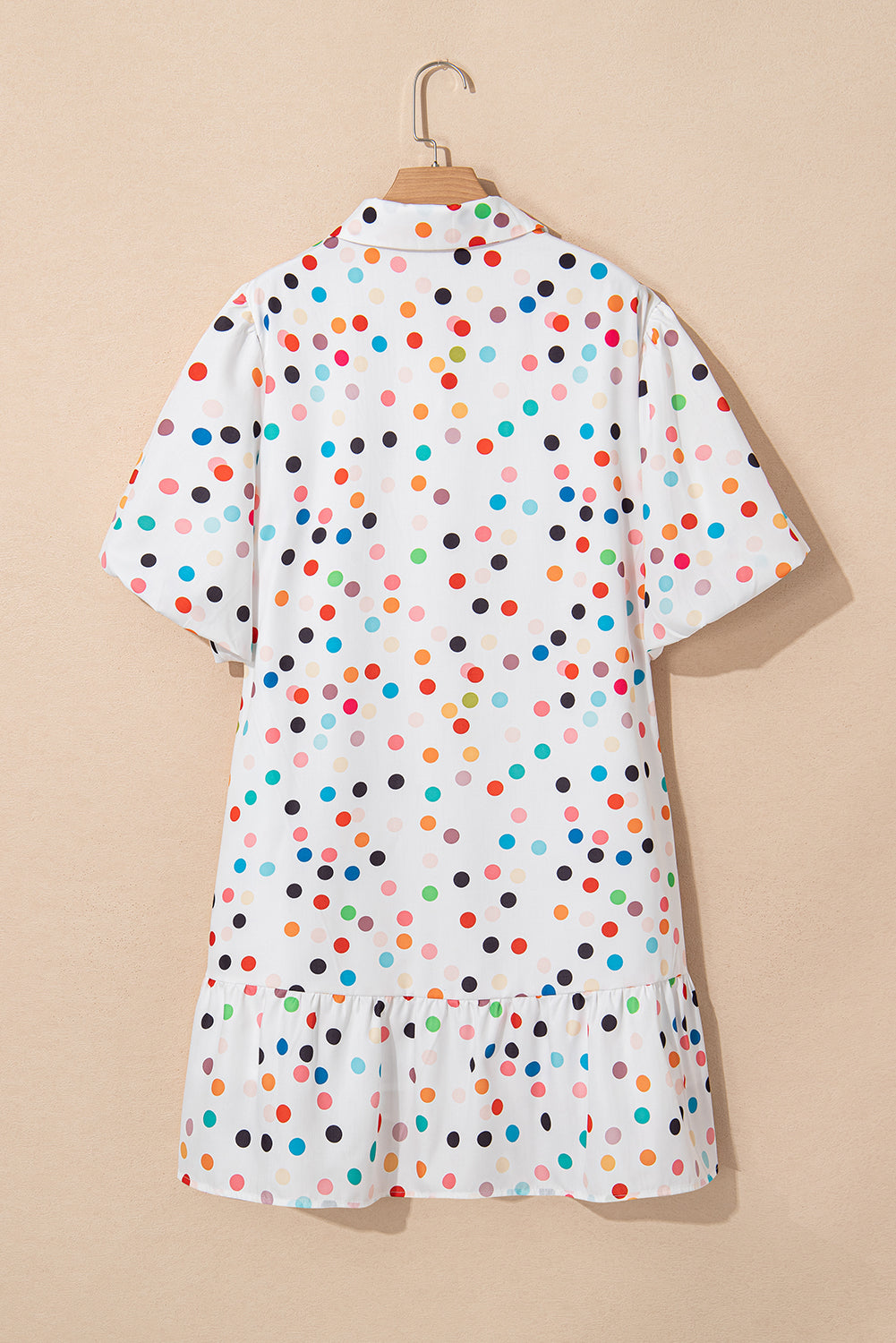 White Polka Dot Print Bubble Sleeve Plus Size Shirt Dress