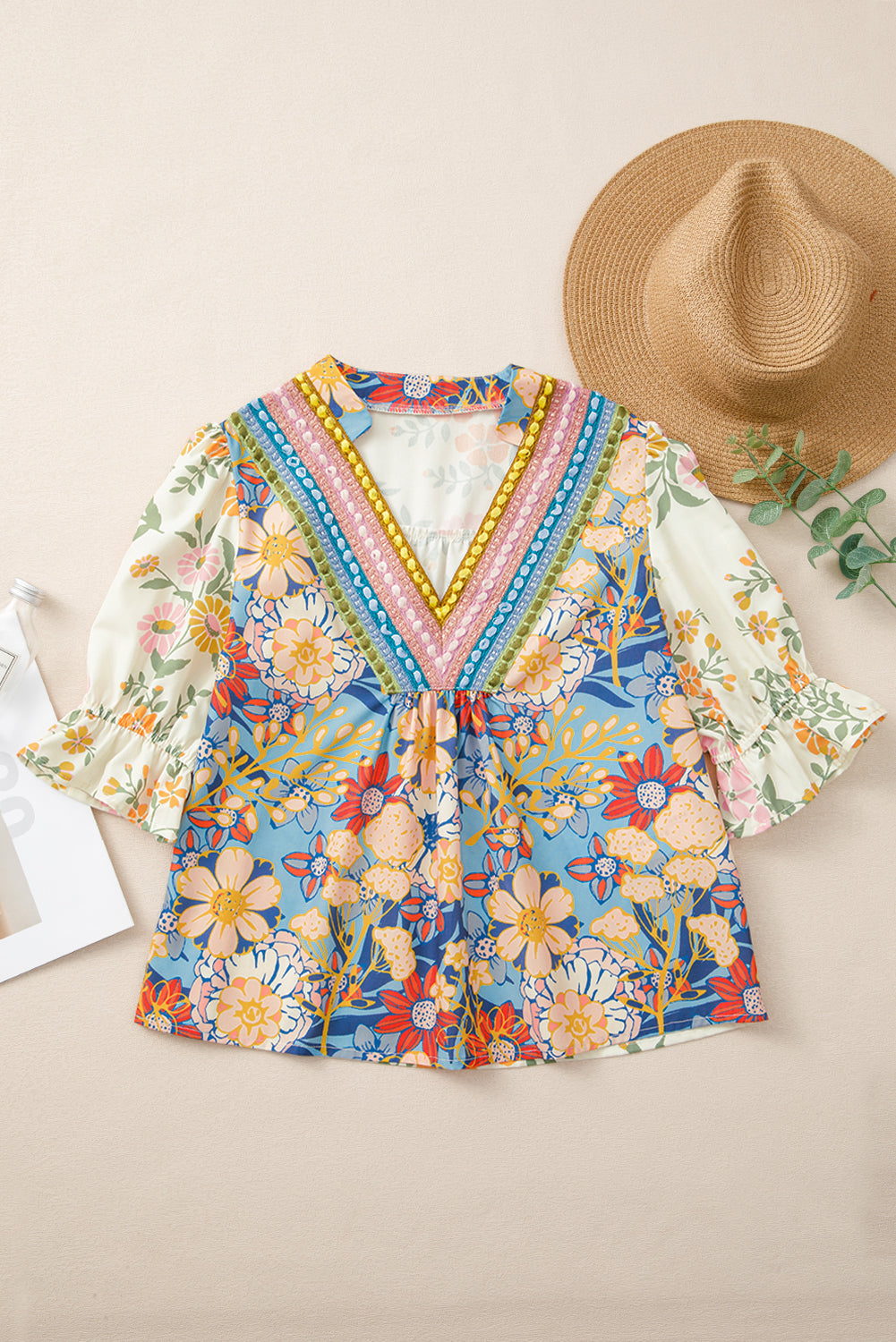 Multicolour en V couche demi-manche Boho Floral Boho