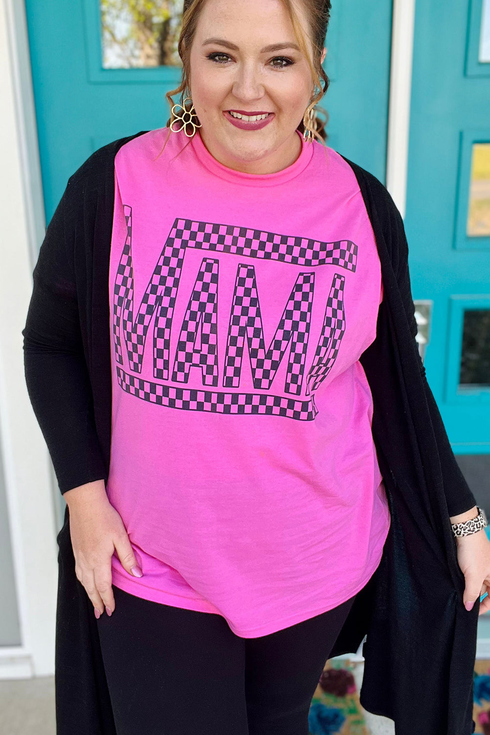 Bright Pink Checkered MAMA Letter Print Plus Size T Shirt