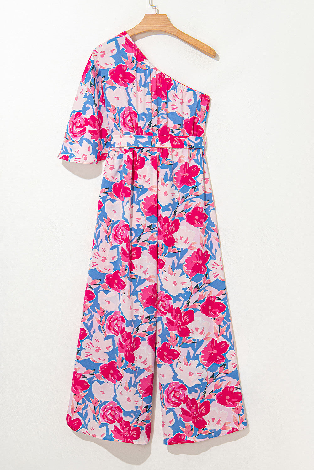 Pink Asymmetrical Floral Print Jumpsuit with Half Sleeve and Belted Waist