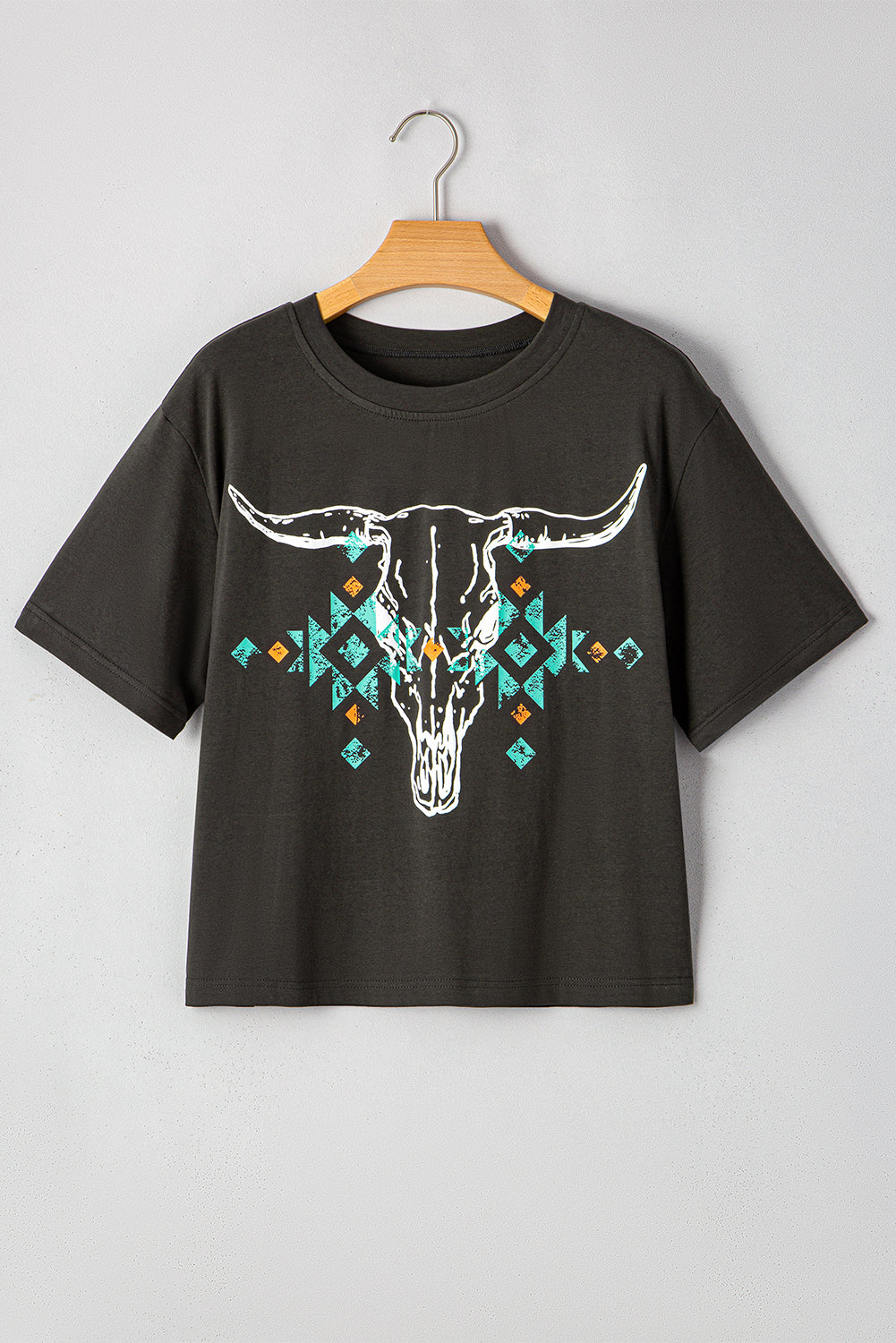 Carbon Grau Vintage Bull Kopf Schädel Türkis Geometrische Grafik T Shirt