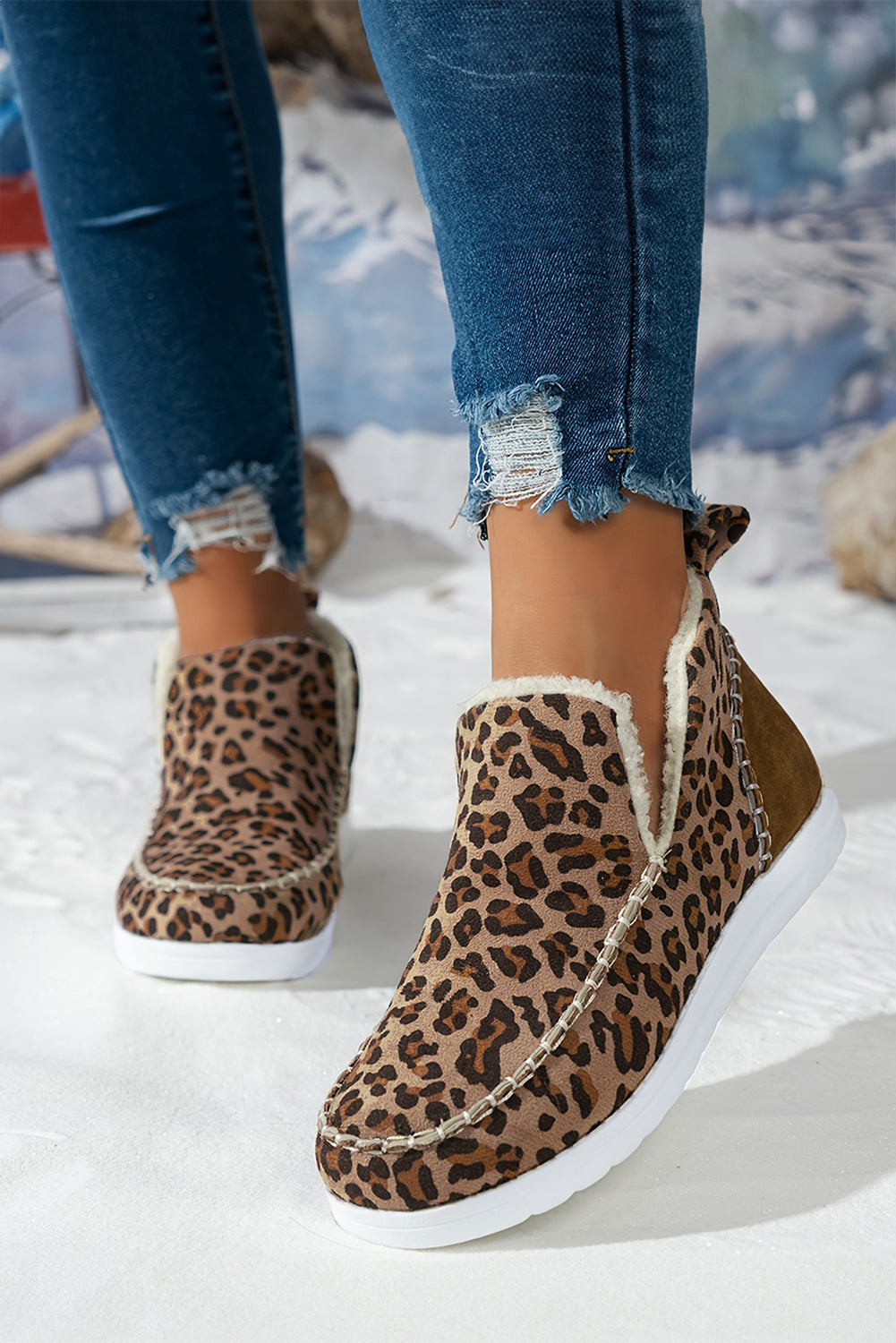 Botas de nieve de invierno forradas con estampado de leopardo gris oscuro