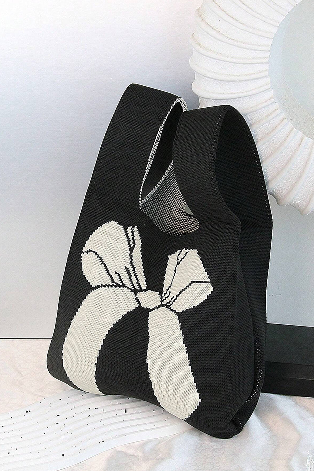 Black Colorblock Bowknot Pattern Knitted Tote Bag