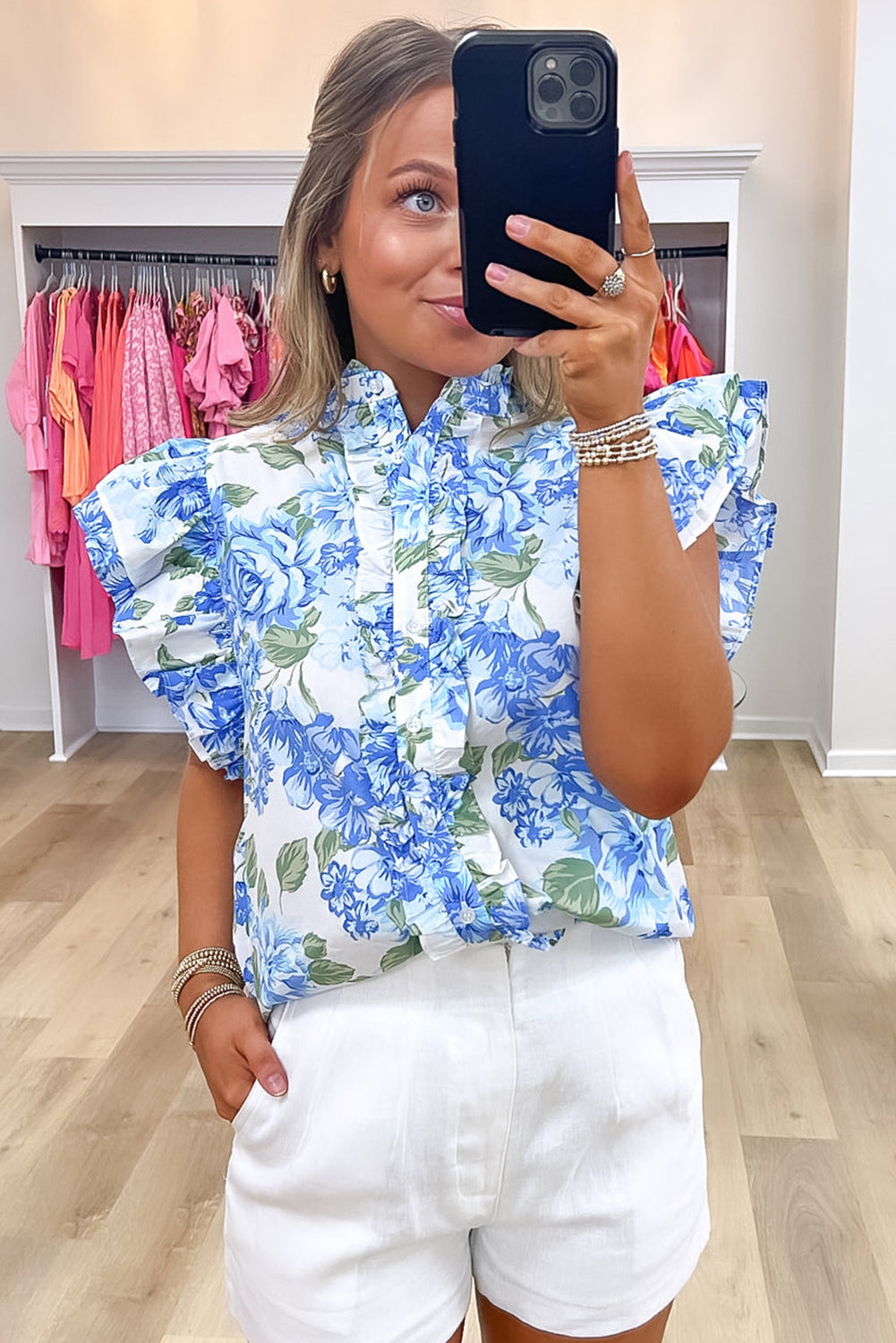 Sky Blue Floral Print Ruffle Sleeve Frill Shirt