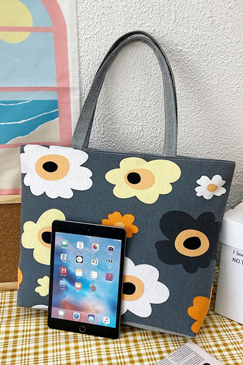 Sac fourre-tout sur toile à fleurs gris foncé