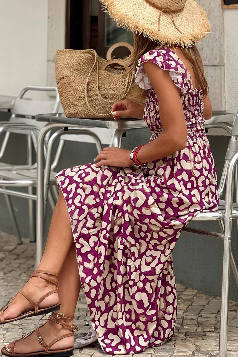 Vestido máximo de cintura con estampado con estampado de leopardo rosa