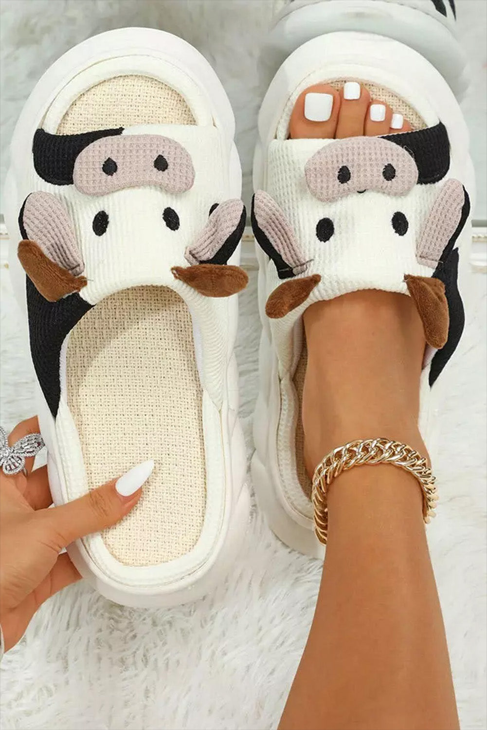 Patrón de animales de lindo blanco brillante zapatillas de punta abierta