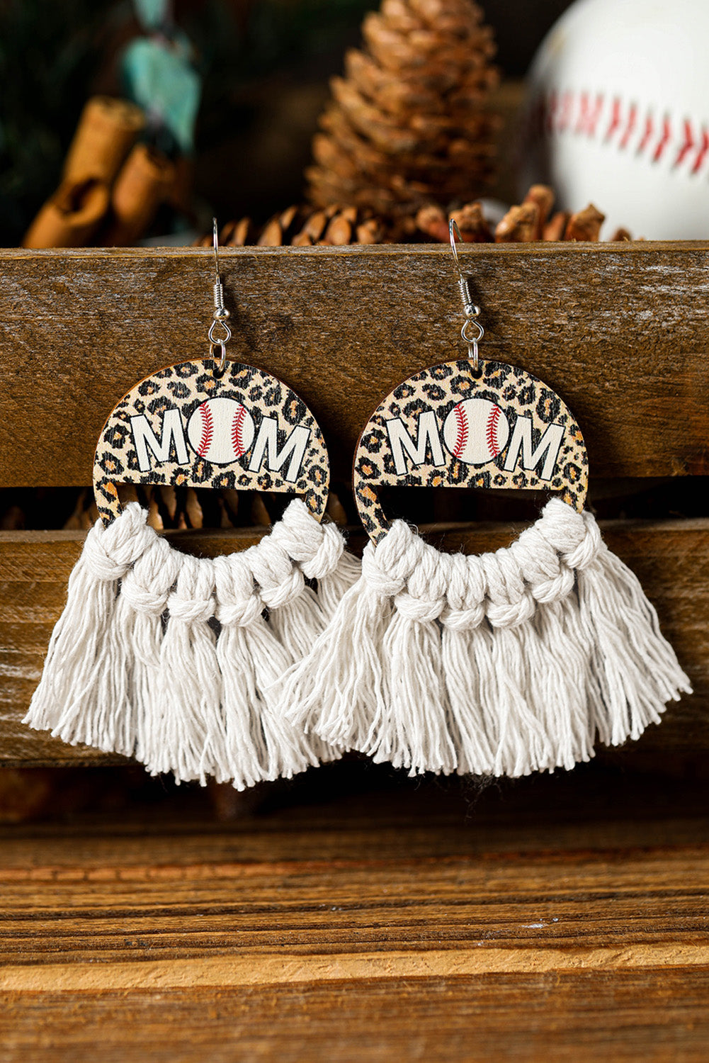 White Leopard Rugby MOM Print Fringed Hook Earrings Trendy