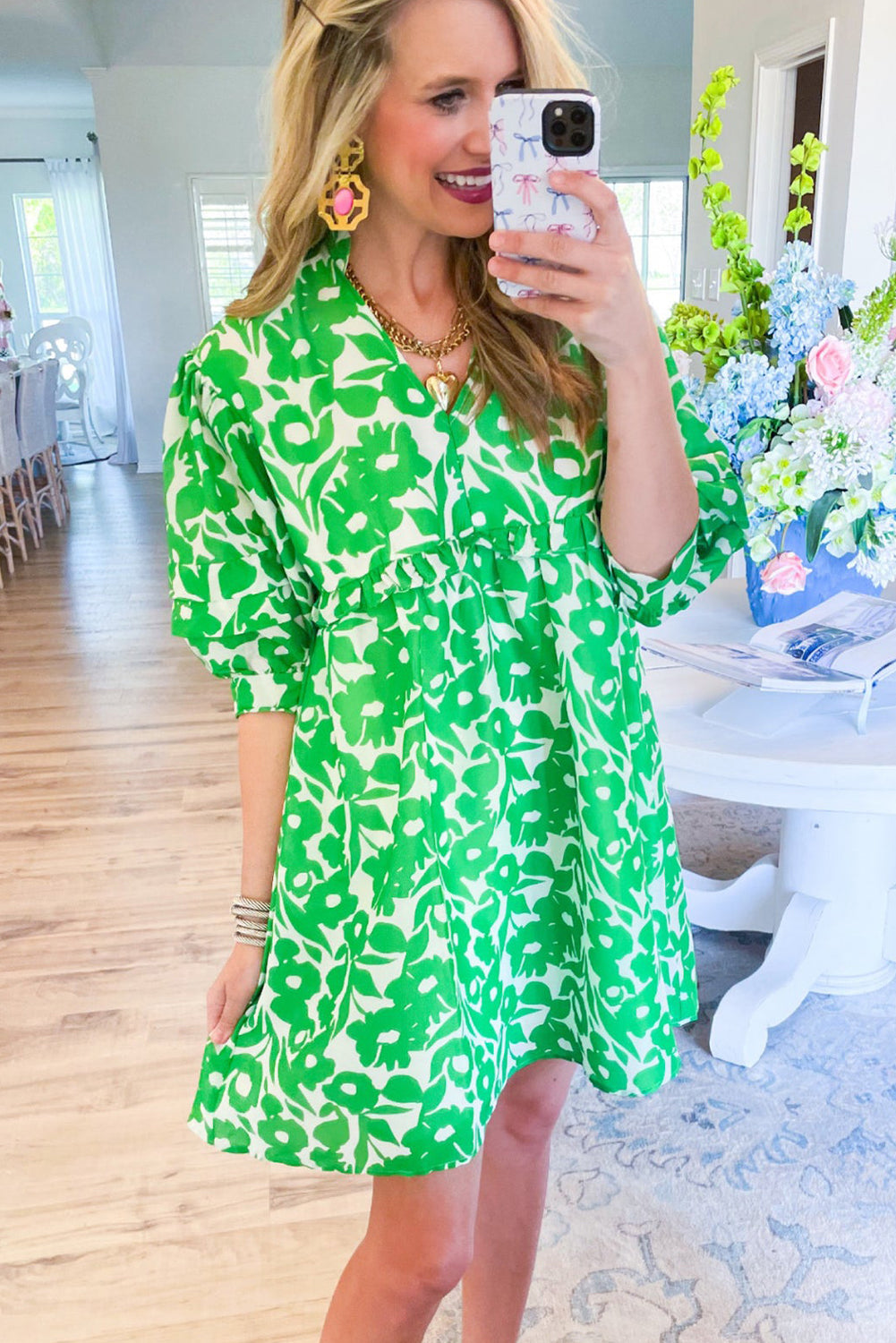 Floral V Neck Puff Sleeve Babydoll Dress in Green