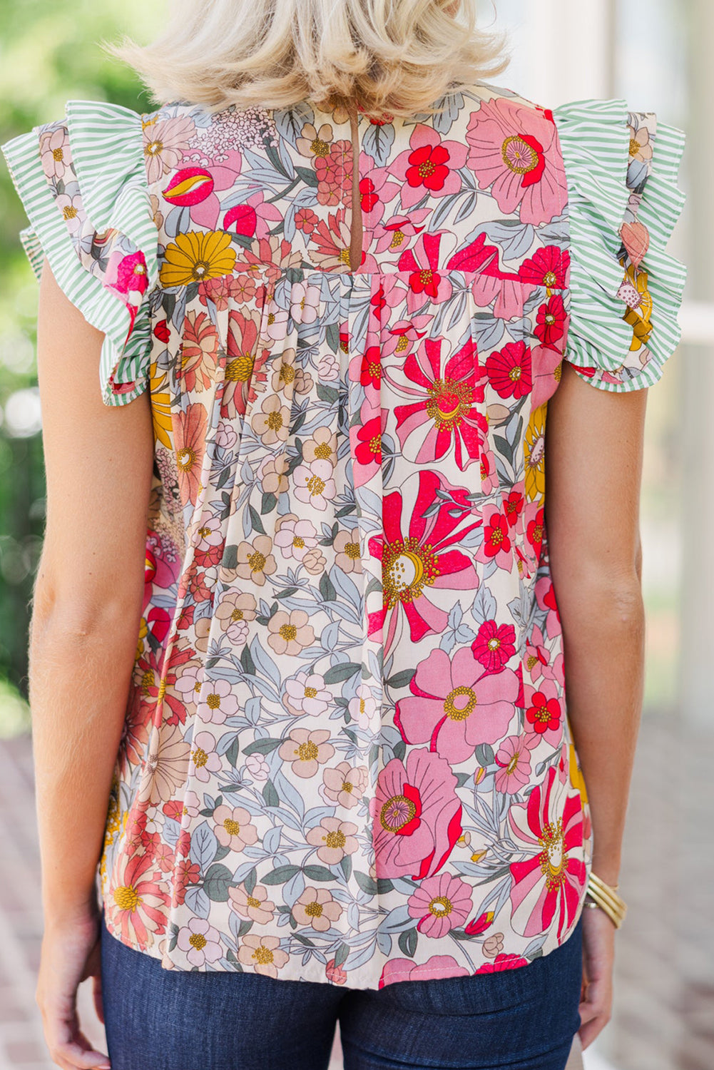 Blush Floral Ruffle Trim Pleated Bohemian Top