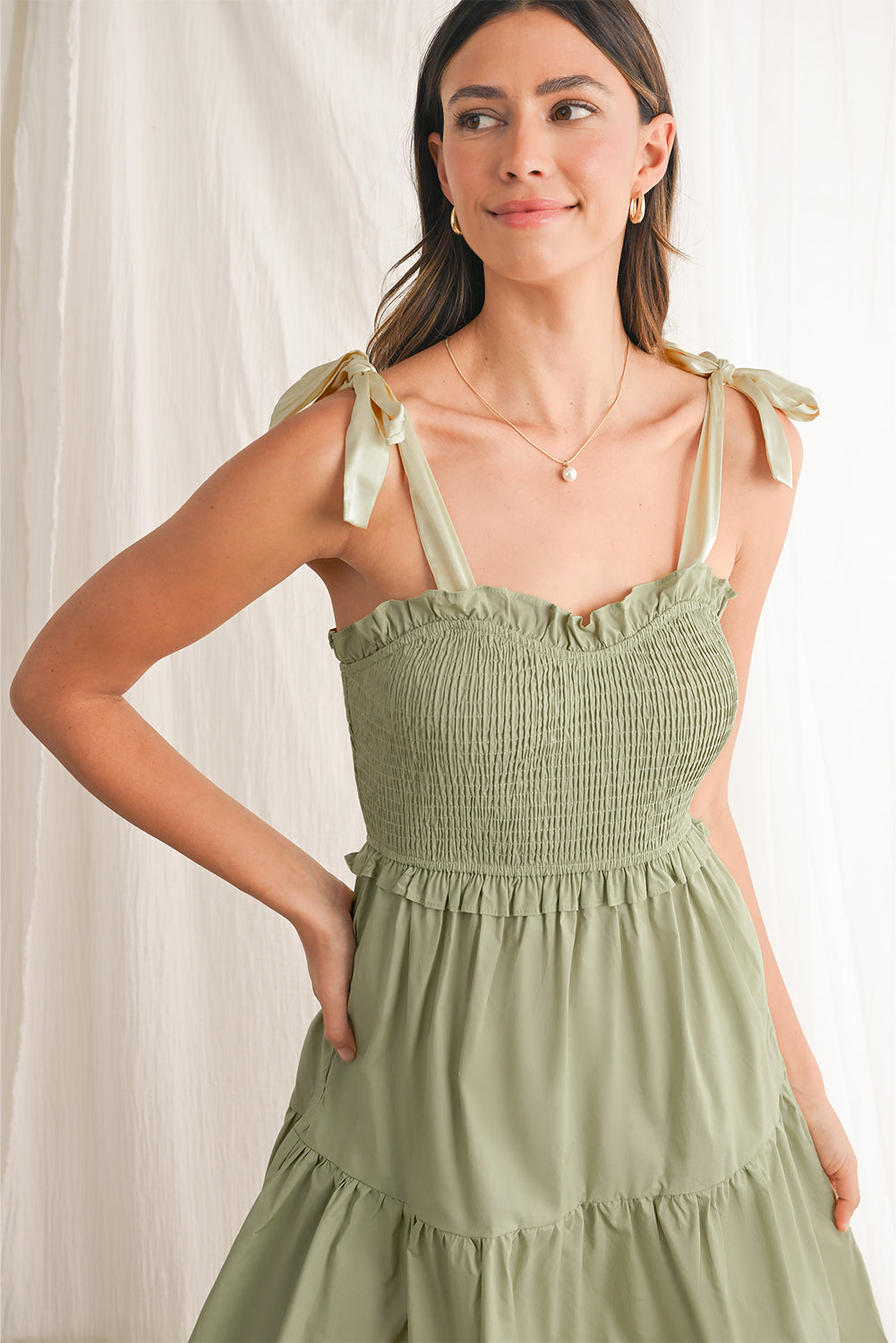 Laurel Green Tie Strap Frilting Detail Mini Robe