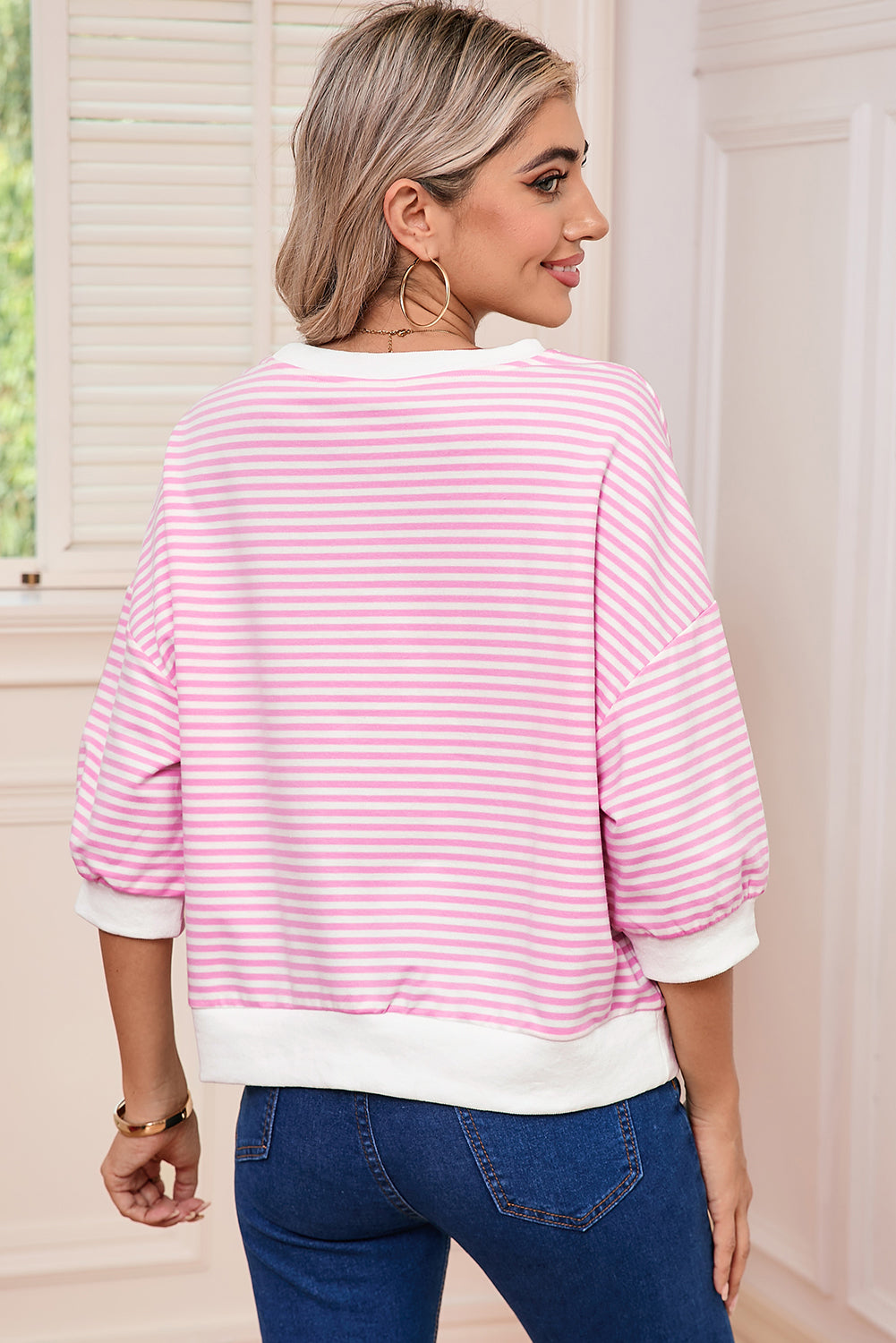 Pink Striped Drop Half Sleeve Round Neck T-Shirt