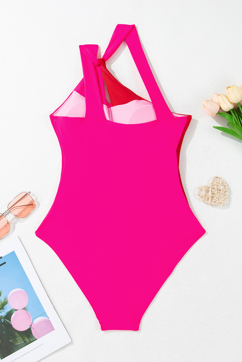 Rose Red Knotted Two Tones Colorblock Backless One Piece Swimsuit