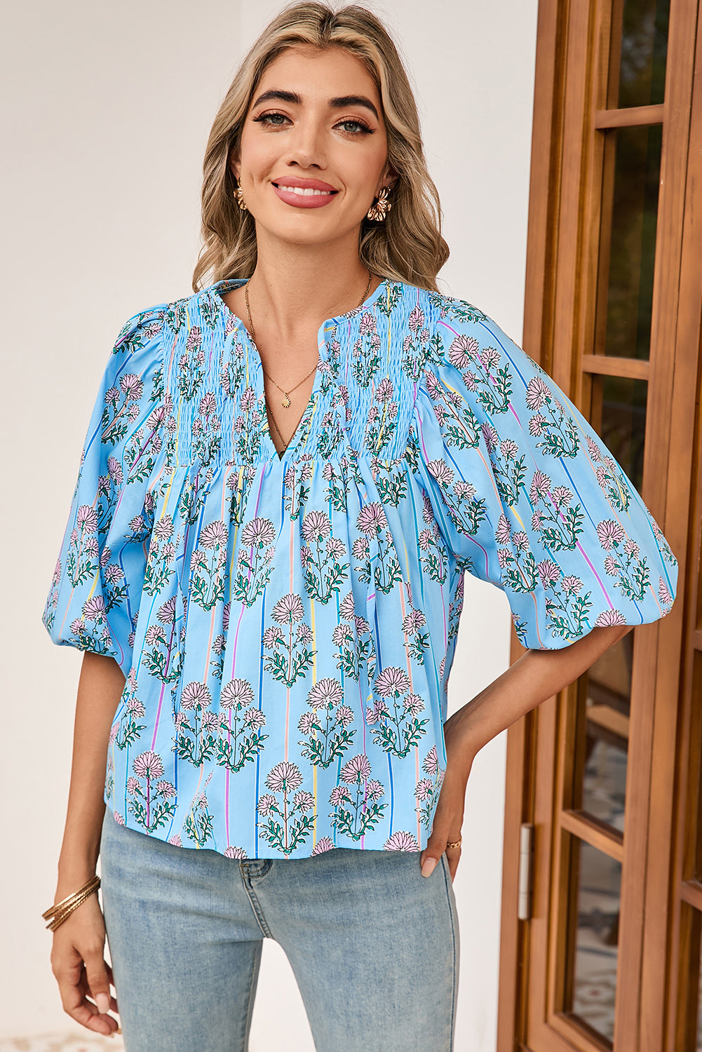 Sky Blue Floral Striped Smocked V Neck Blouse