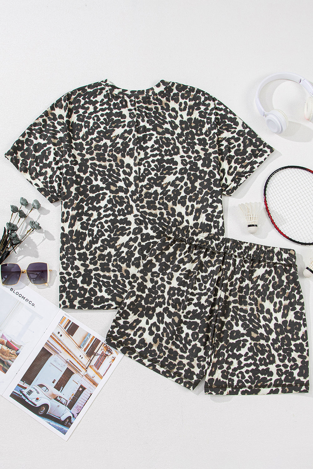 Black Leopard Print Tee and Shorts Pajama Set