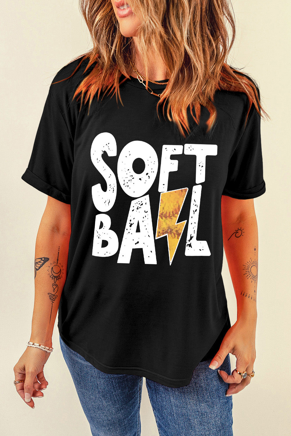 Black SOFT BALL Letter Lightning Graphic T Shirt