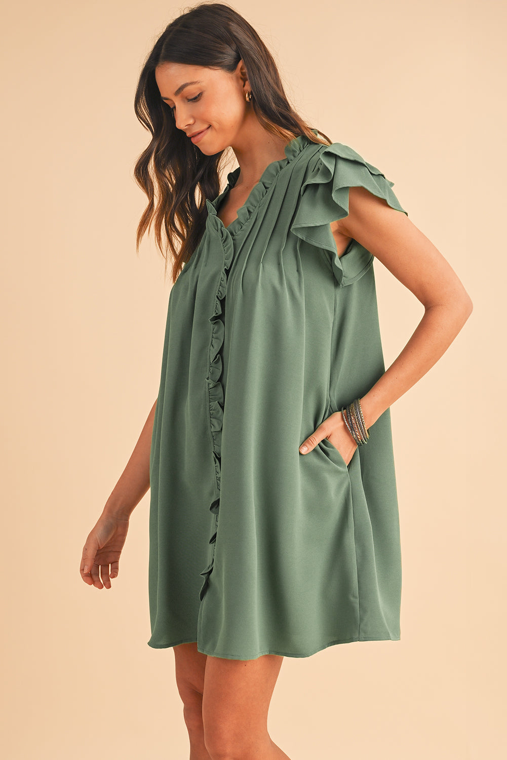 Soft Mist Green Ruffled Sleeve V-Neck Mini Dress with Pockets