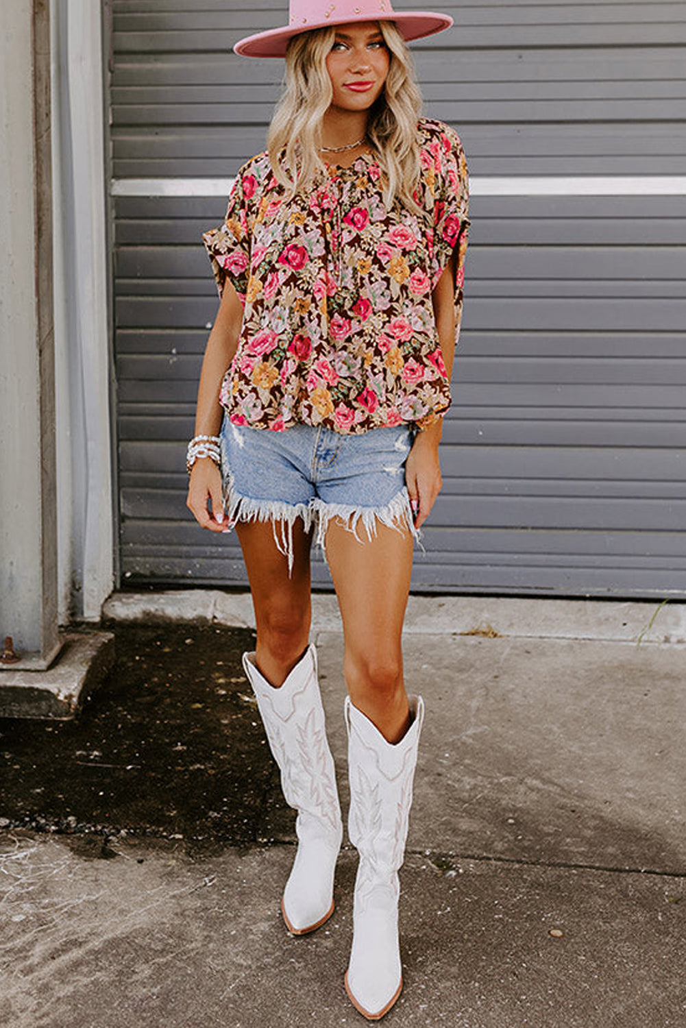 Blusa boho de manga corta de estampado floral rosa