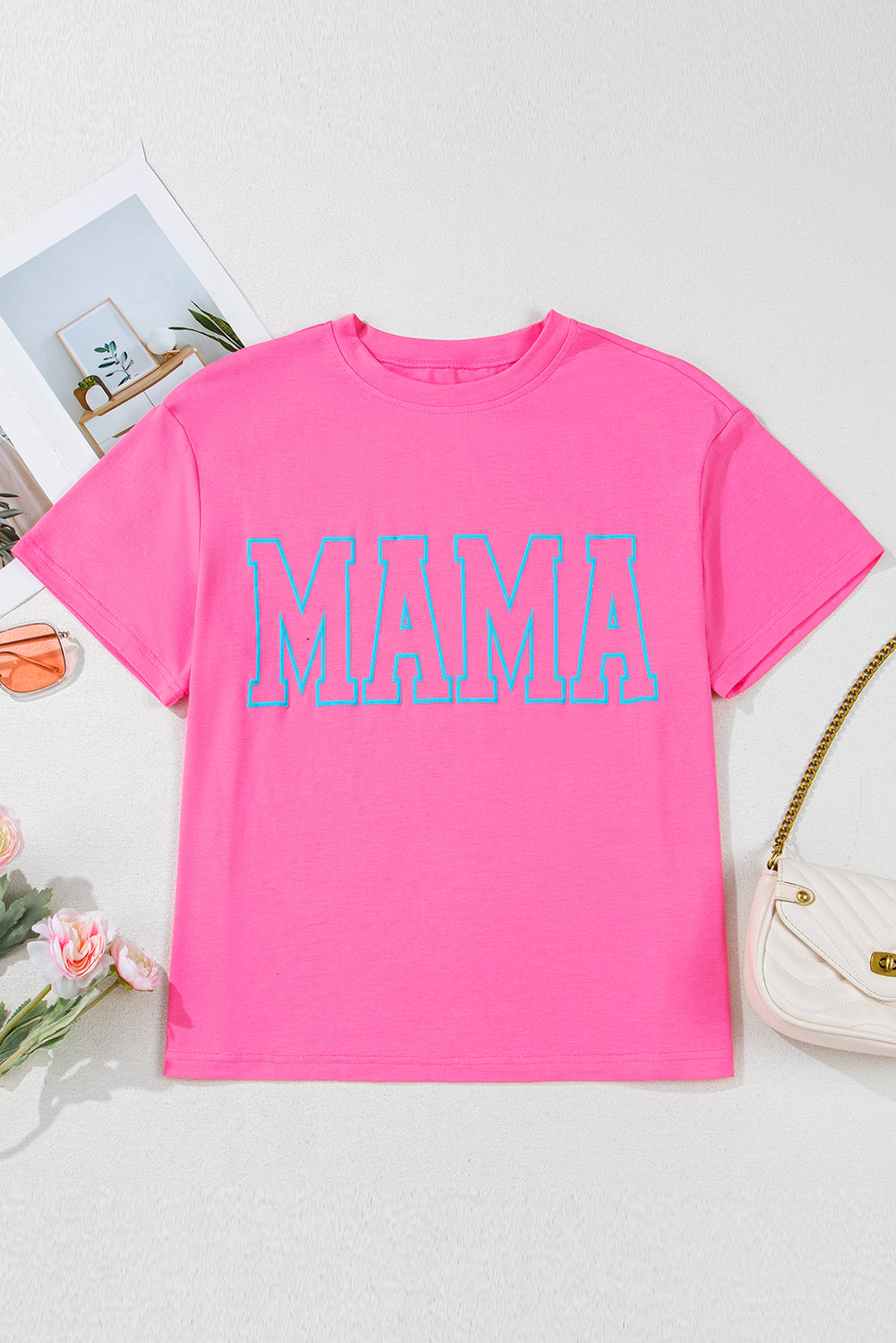 Fuchsia MAMA Letter Print Casual Tee