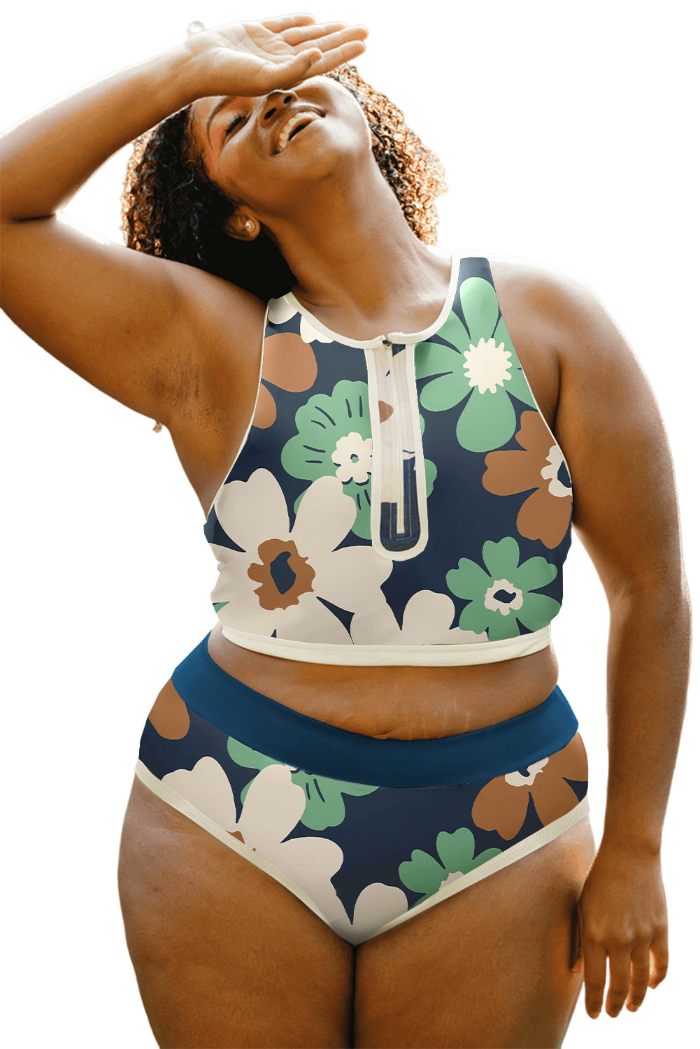 Estampado floral verde con cremallera de talla grande dos piezas bikini