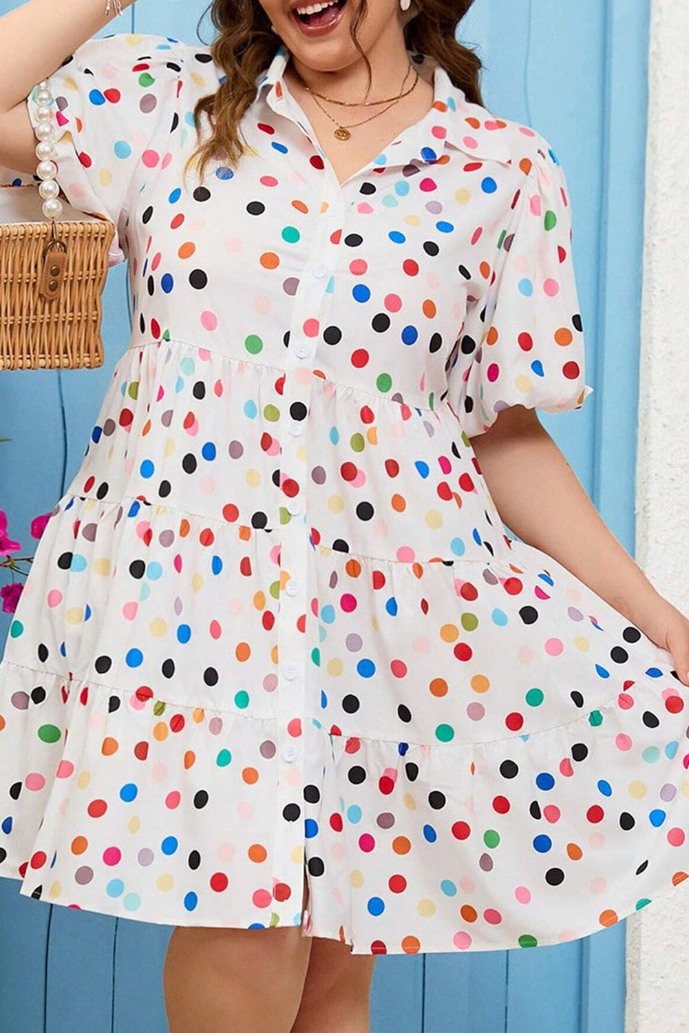 White Polka Dot Print Bubble Sleeve Plus Size Shirt Dress