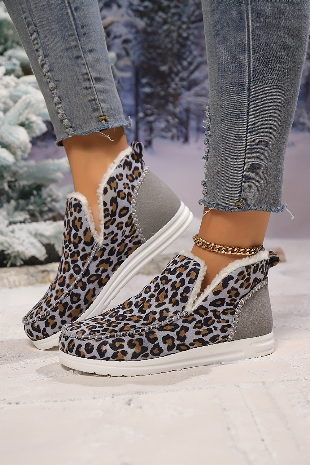 Botas de nieve de invierno forradas con estampado de leopardo gris oscuro