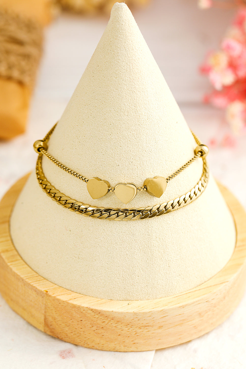 Elegant Adjustable Double Layer Gold Heart Bracelet