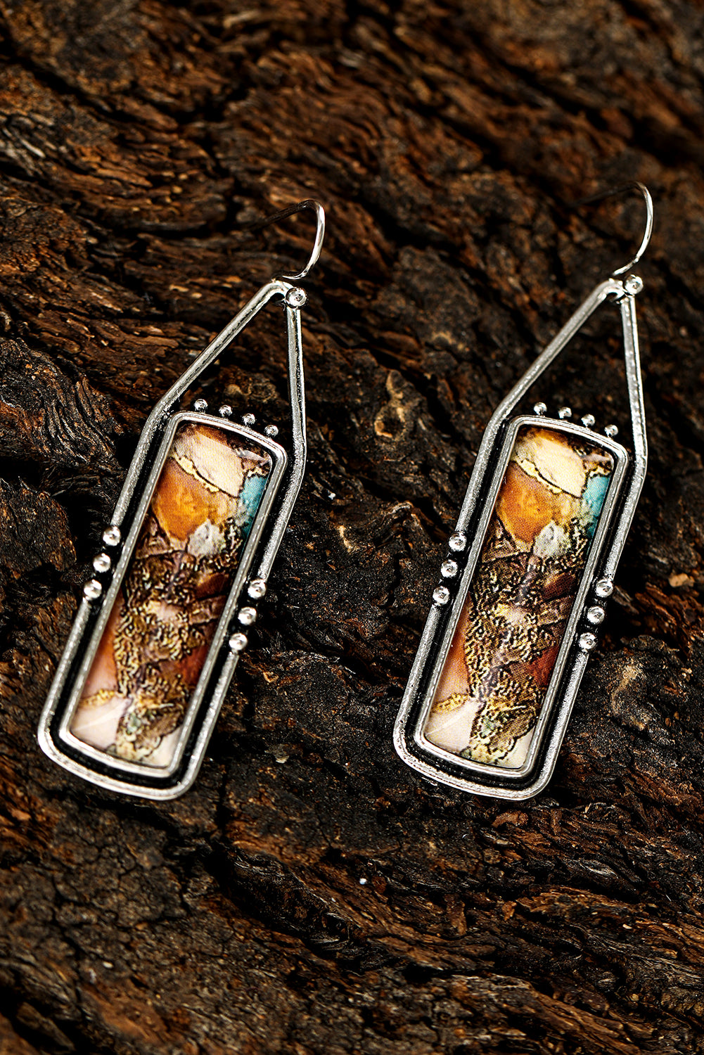 Silvery Retro Rectangle Stone Inlay Dangle Earrings for Elegance