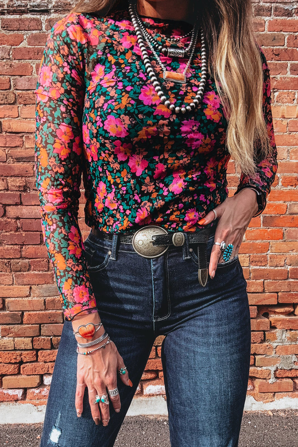 Rose Slim Fit Floral Mesh Long Sleeve Mock Neck Top