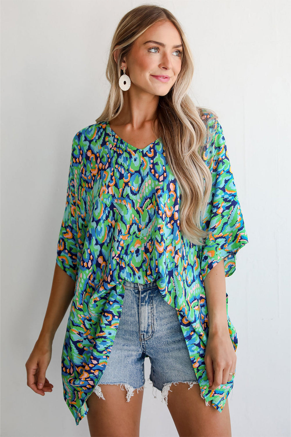 Green Abstract Print V Neck Half Sleeve Loose Fit Tunic Blouse