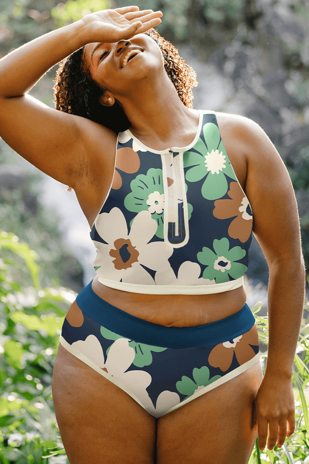 Estampado floral verde con cremallera de talla grande dos piezas bikini