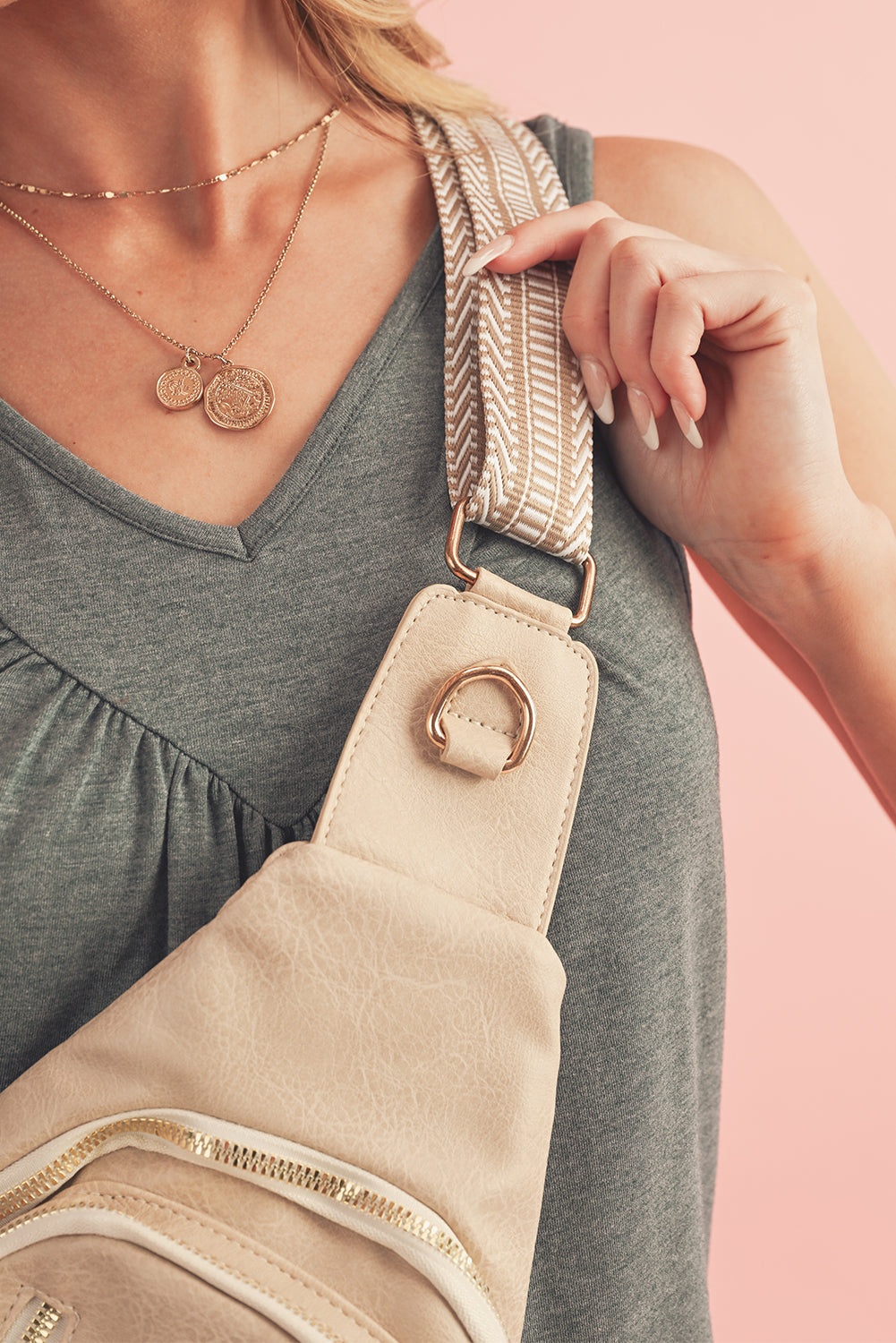 Sac cross-body zippé en cuir PU vintage beige