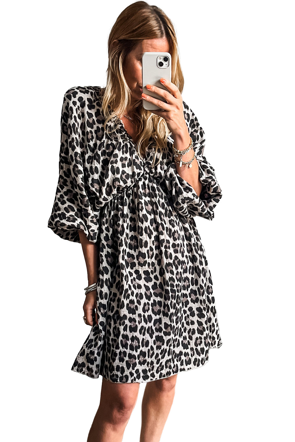 Black V Neck 3/4 Puff Sleeve Leopard Print Dress