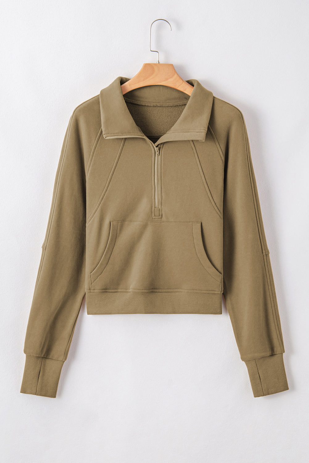 Smoke Green Zip Up Stand Collar Ribbed Thumbhole Sleeve Sweatshirt