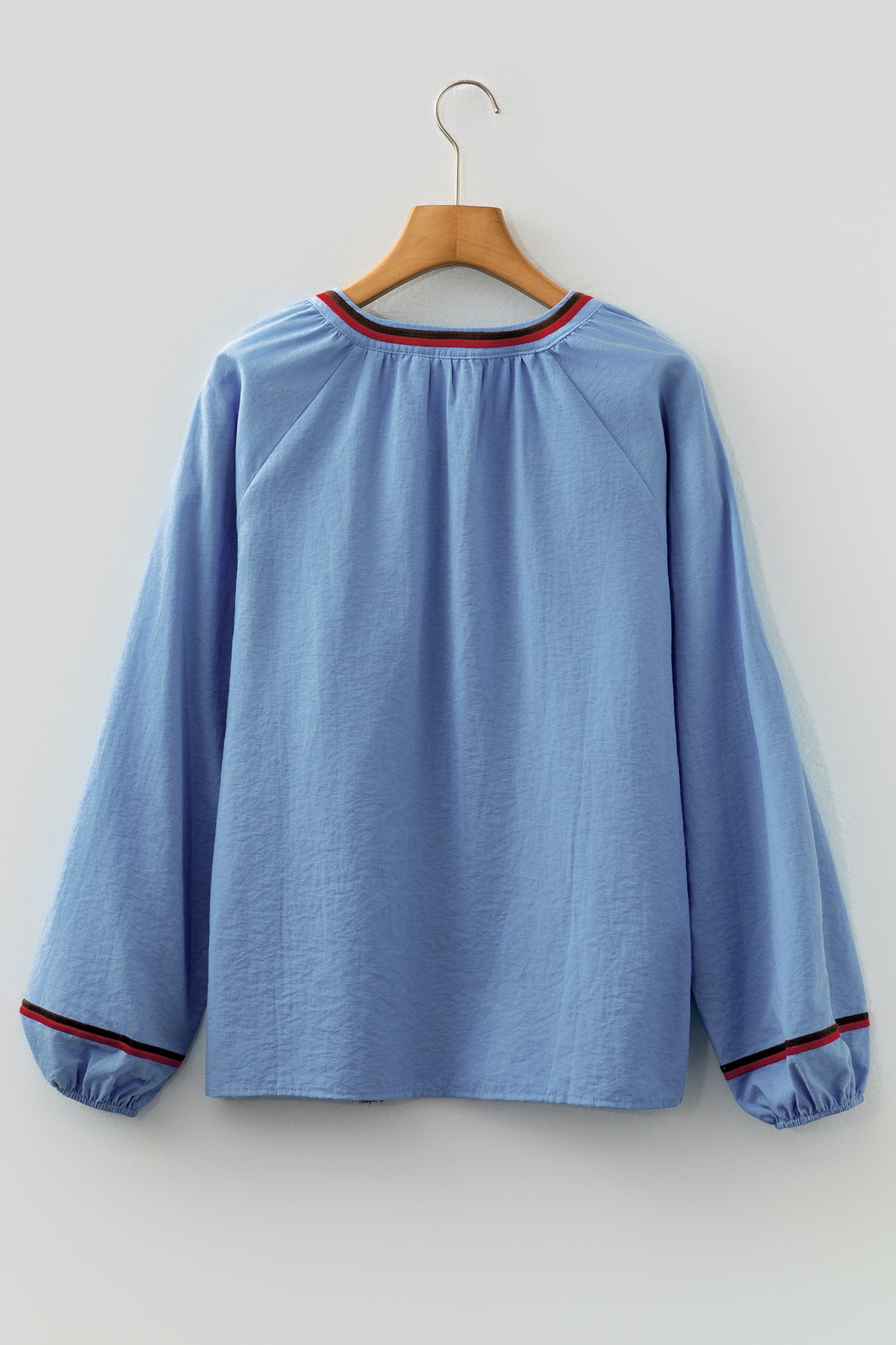 Real Teal Floral Embroidered Split Neck Tassel Tie Puff Sleeve Blouse