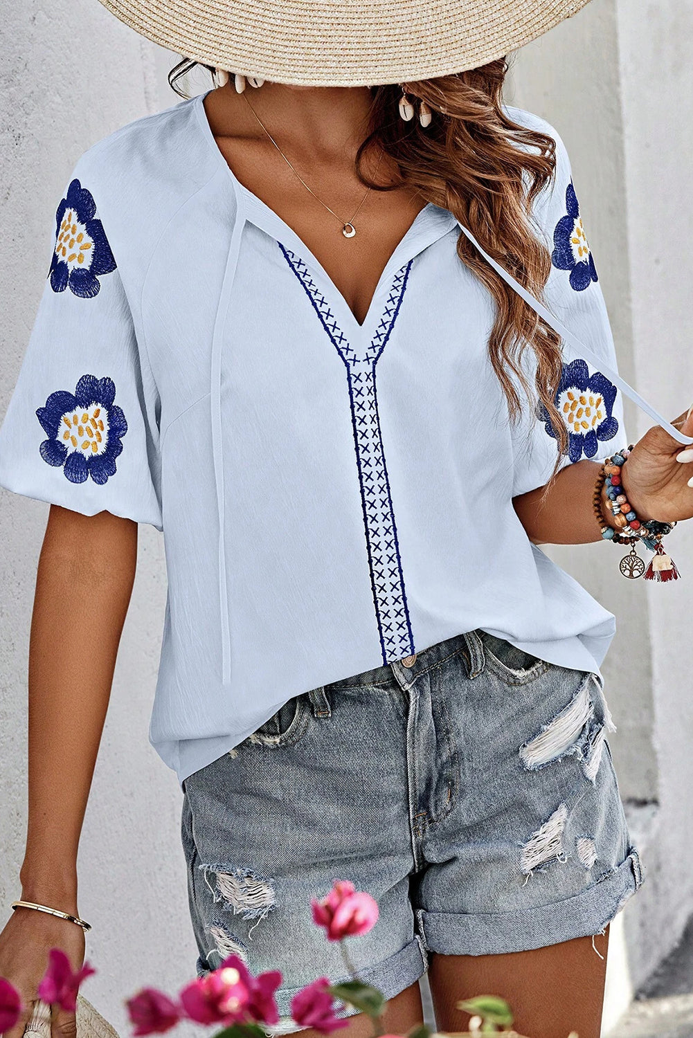 Beau Beau Blue Broidered Fleur V Neck Puff Sleeve Blouse