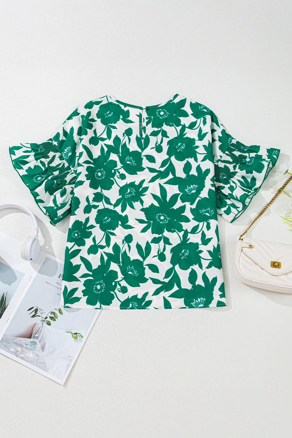 Estampado de estampado floral verde manga corta blusa suelta