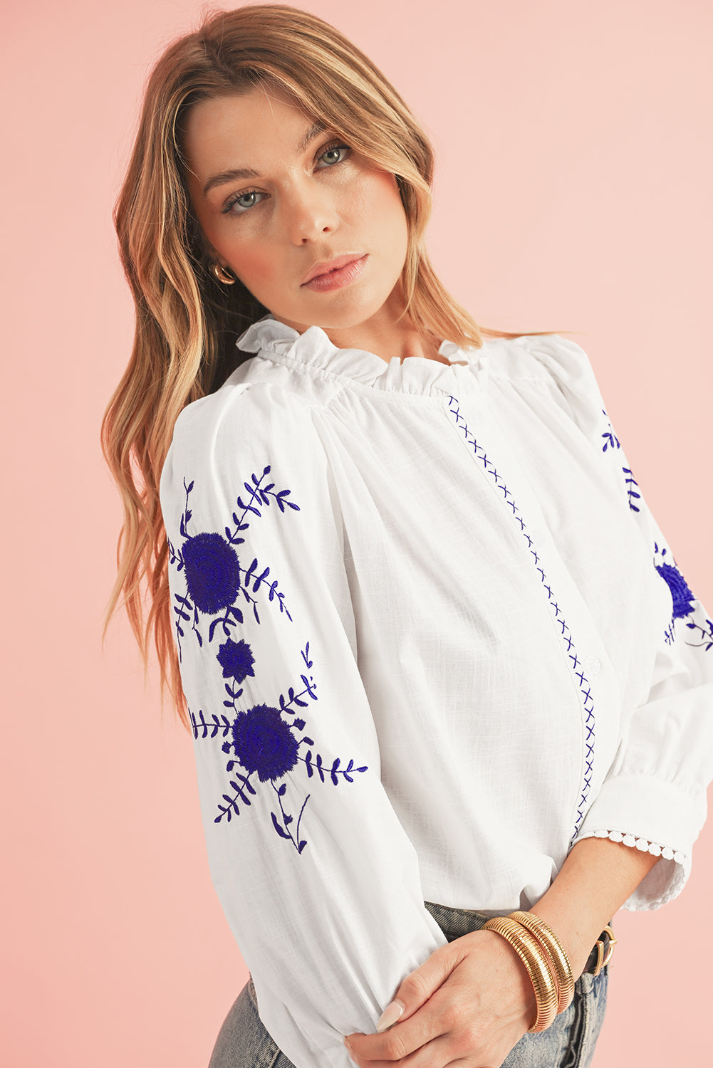 White Floral Embroidered Button Up Boho Blouse