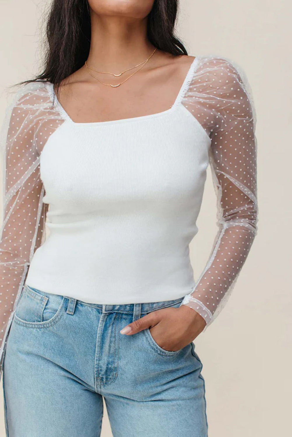 Blusa de manga larga de malla punteada