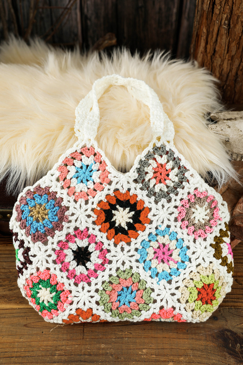 Sac fourre-tout blanc rétro au crochet floral blanc