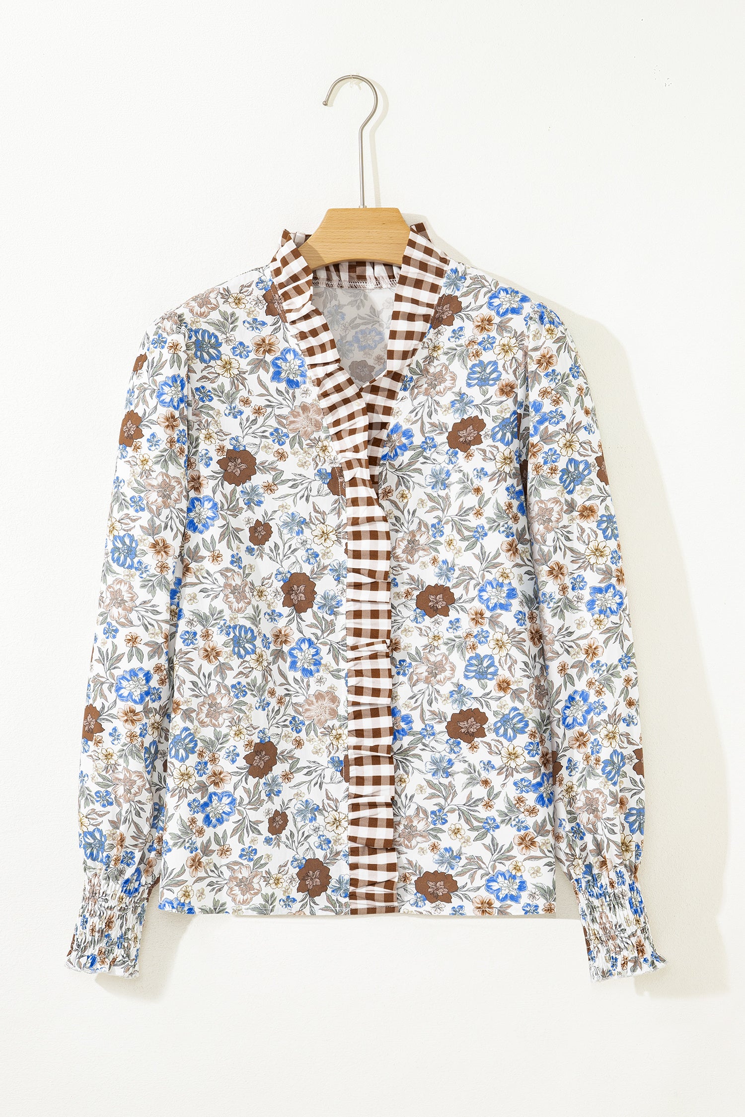 Brown Plaid Frilled Trim V Neck Floral Long Sleeve Blouse
