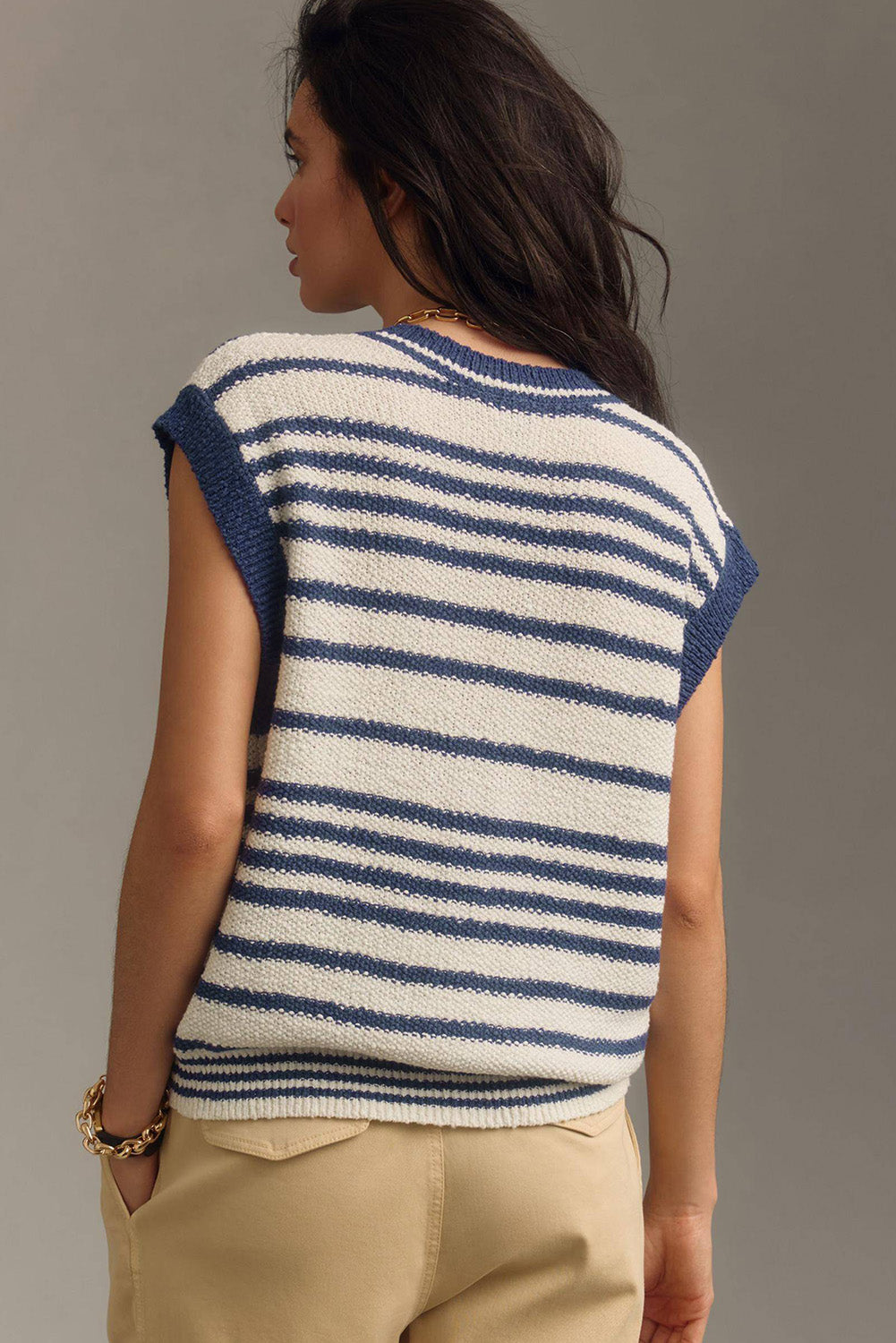 Striped Knit Vest with V Neck and Button Closure in Blue