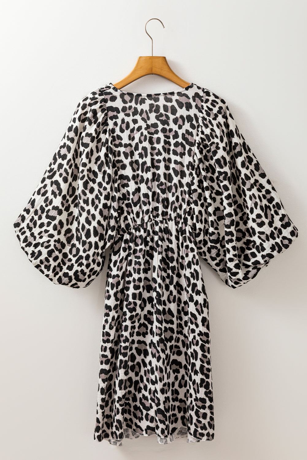 Black V Neck 3/4 Puff Sleeve Leopard Print Dress