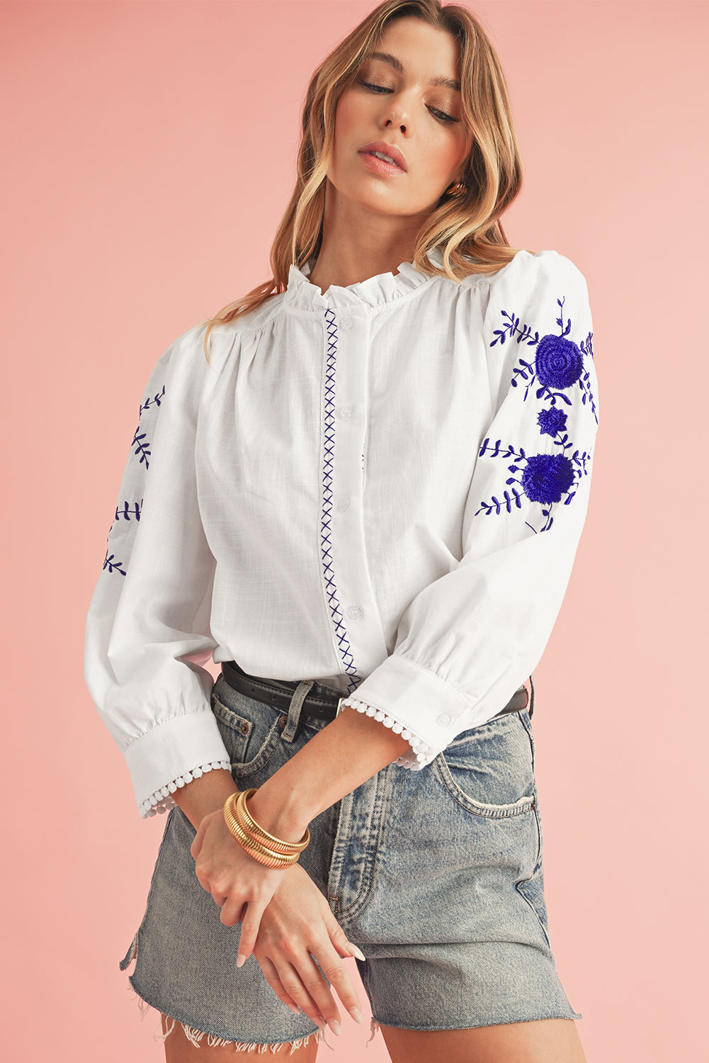 Botón de bordado bordado floral blanco blusa boho